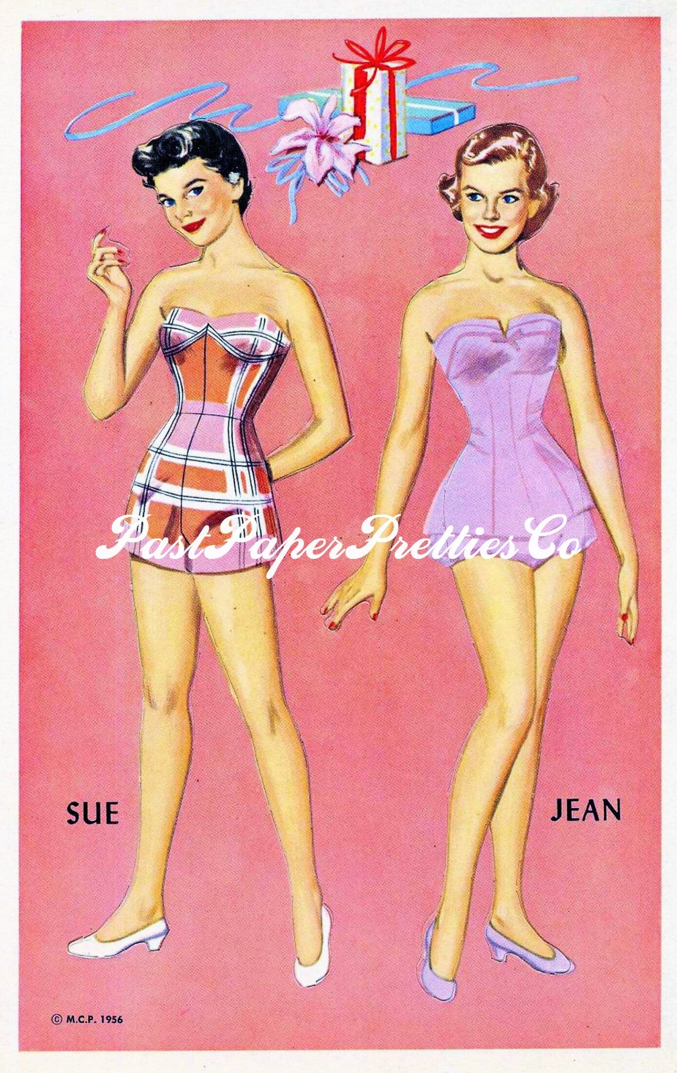 Vintage Paper Dolls Pink Prom Twins Girls 1956 Printable PDF Instant Digital Download 8 Sweetheart Teen Teenager Dolls School Dance Clip Art