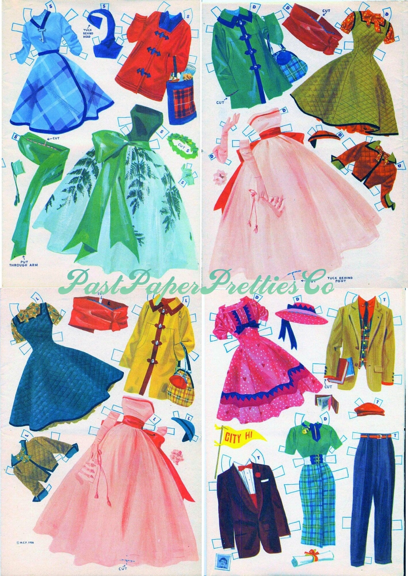 Vintage Paper Dolls Pink Prom Twins Girls 1956 Printable PDF Instant Digital Download 8 Sweetheart Teen Teenager Dolls School Dance Clip Art