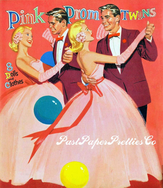 Vintage Paper Dolls Pink Prom Twins Girls 1956 Printable PDF Instant Digital Download 8 Sweetheart Teen Teenager Dolls School Dance Clip Art