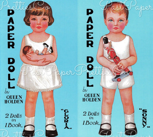 Vintage Printable Paper Dolls Gloria and Sonny c. 1942 Adorable Little Girl & Boy PDF Instant Digital Download Kitsch Cute Children Clipart