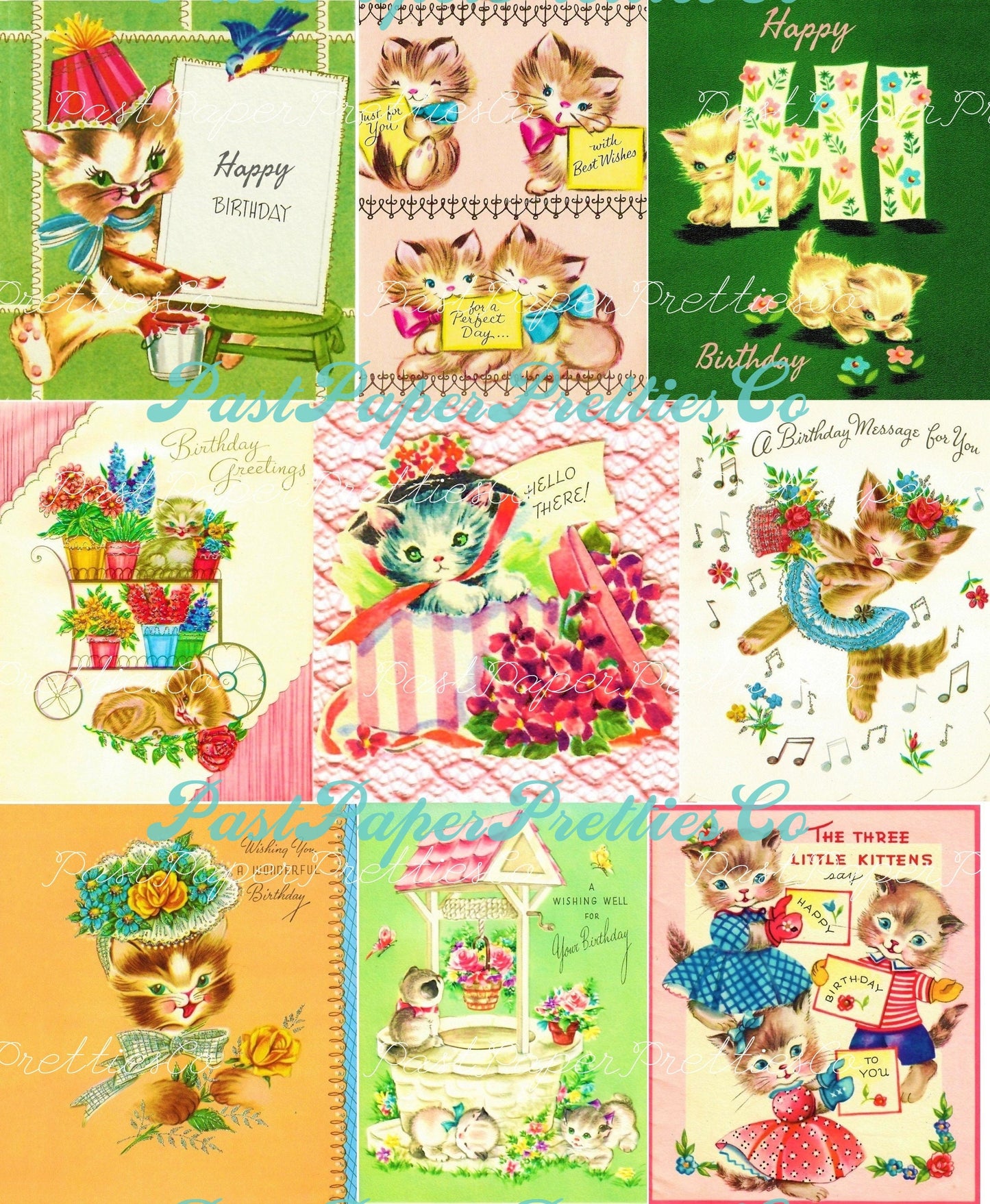 Vintage Printable Kitty Cat Happy Birthday Collage Sheets Retro Greeting Card Images PDF Instant Digital Download All Kittens Clipart