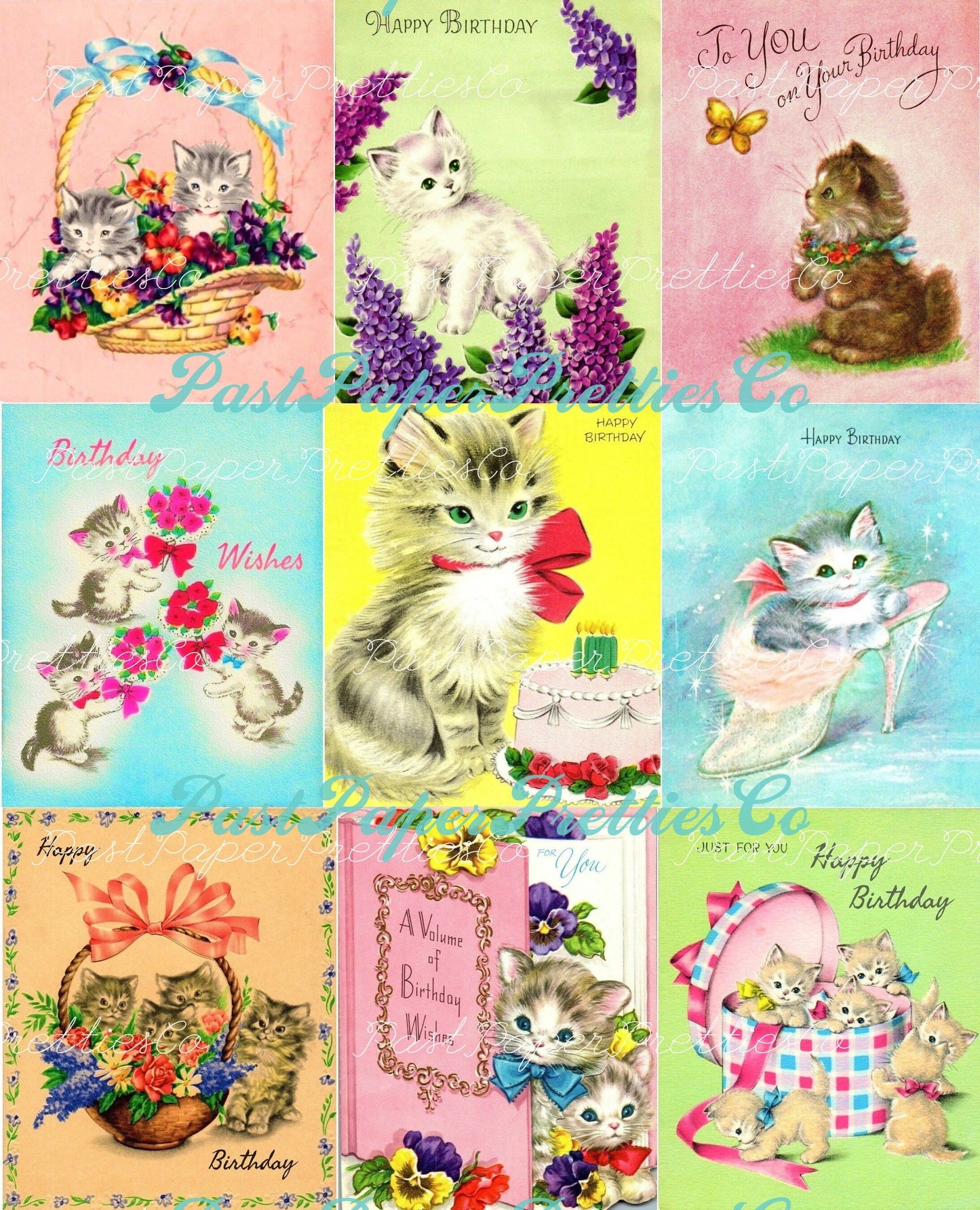 Vintage Printable Kitty Cat Happy Birthday Collage Sheets Retro Greeting Card Images PDF Instant Digital Download All Kittens Clipart