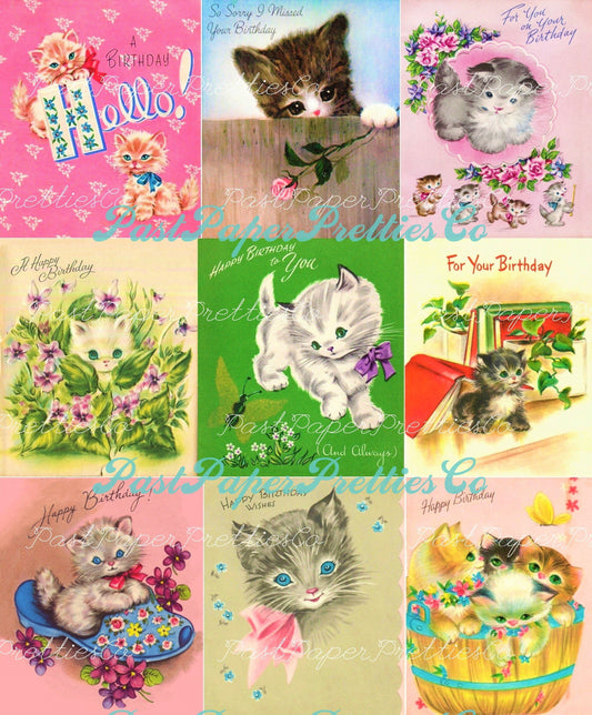 Vintage Printable Kitty Cat Happy Birthday Collage Sheets Retro Greeting Card Images PDF Instant Digital Download All Kittens Clipart