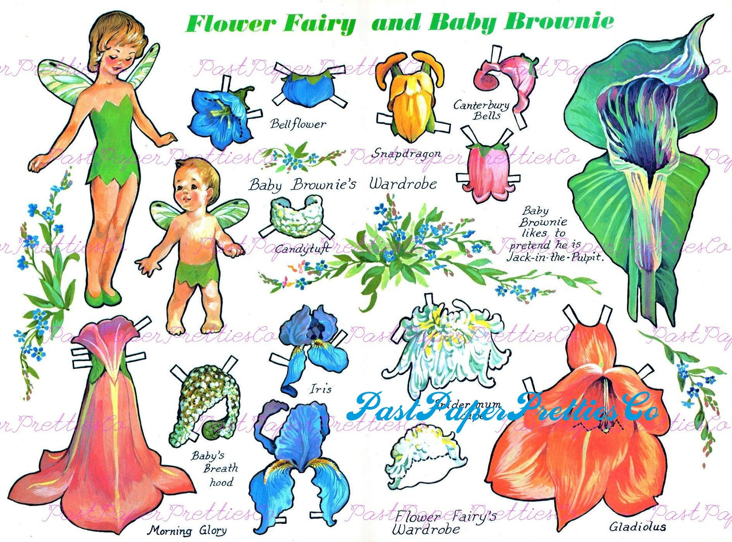 Vintage Paper Dolls Cute Flower Fairy and Baby Brownie c. 1960s Printable Collage Sheet Instant Digital Download Forest Fantasy Clipart