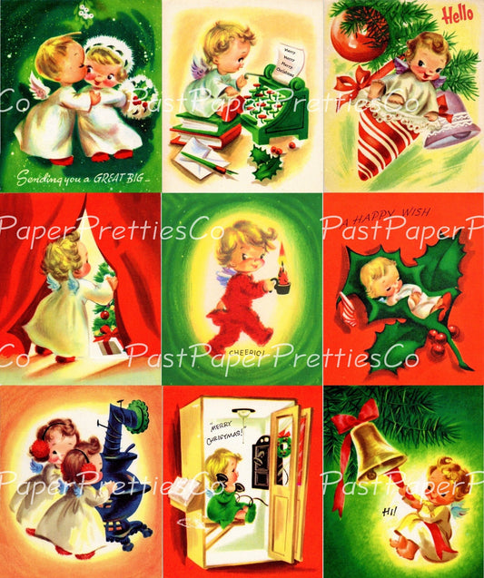 Vintage Printable Christmas Angel Kids Cards Collage Sheets Cute Boy Girl Cherubs Holiday Images PDF Instant Digital Download 18 Designs