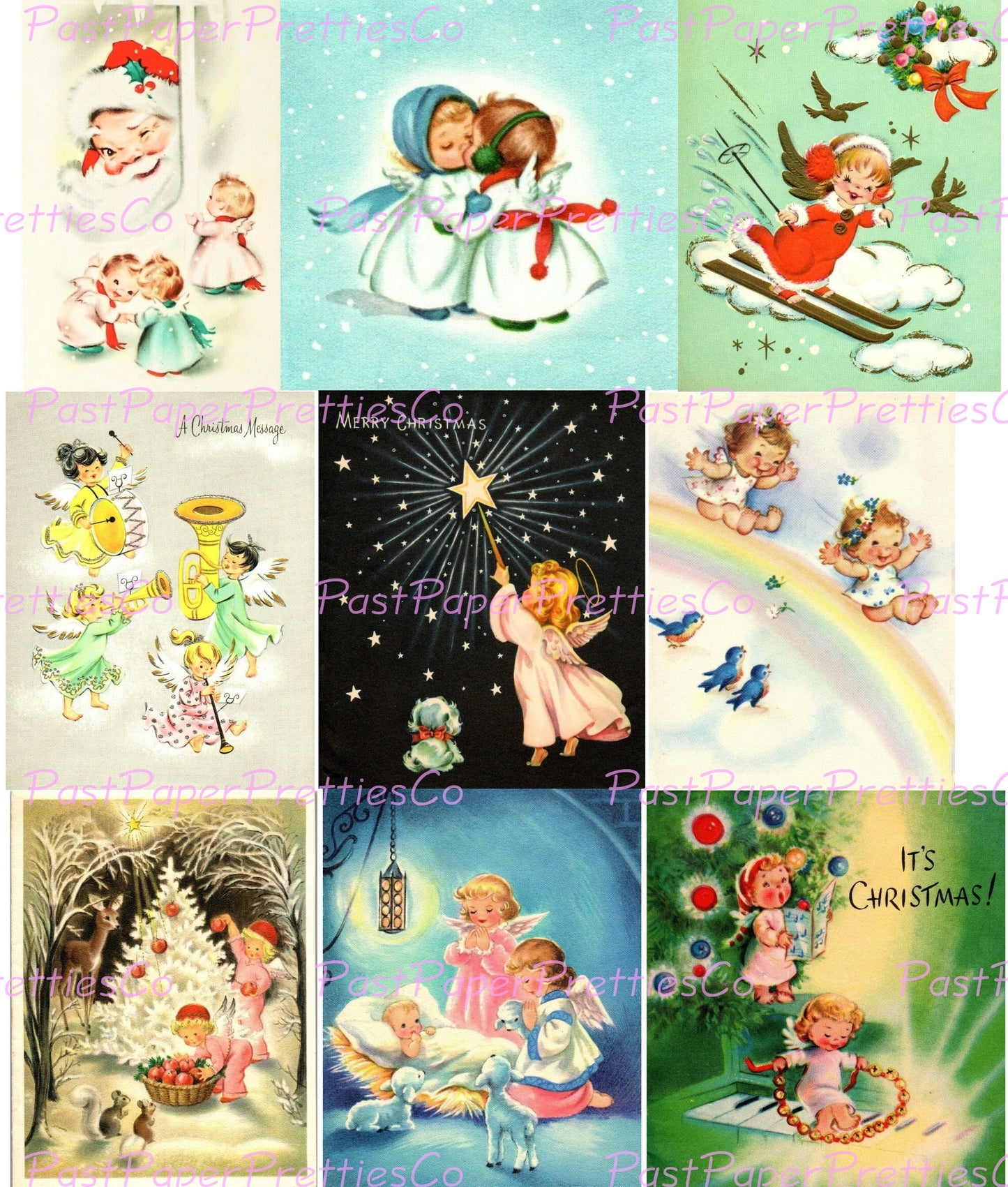 Vintage Printable Christmas Angels Collage Sheets Cute Pink Blue Pastels Holiday Card Images PDF Instant Digital Download Clip Art 2 Sizes