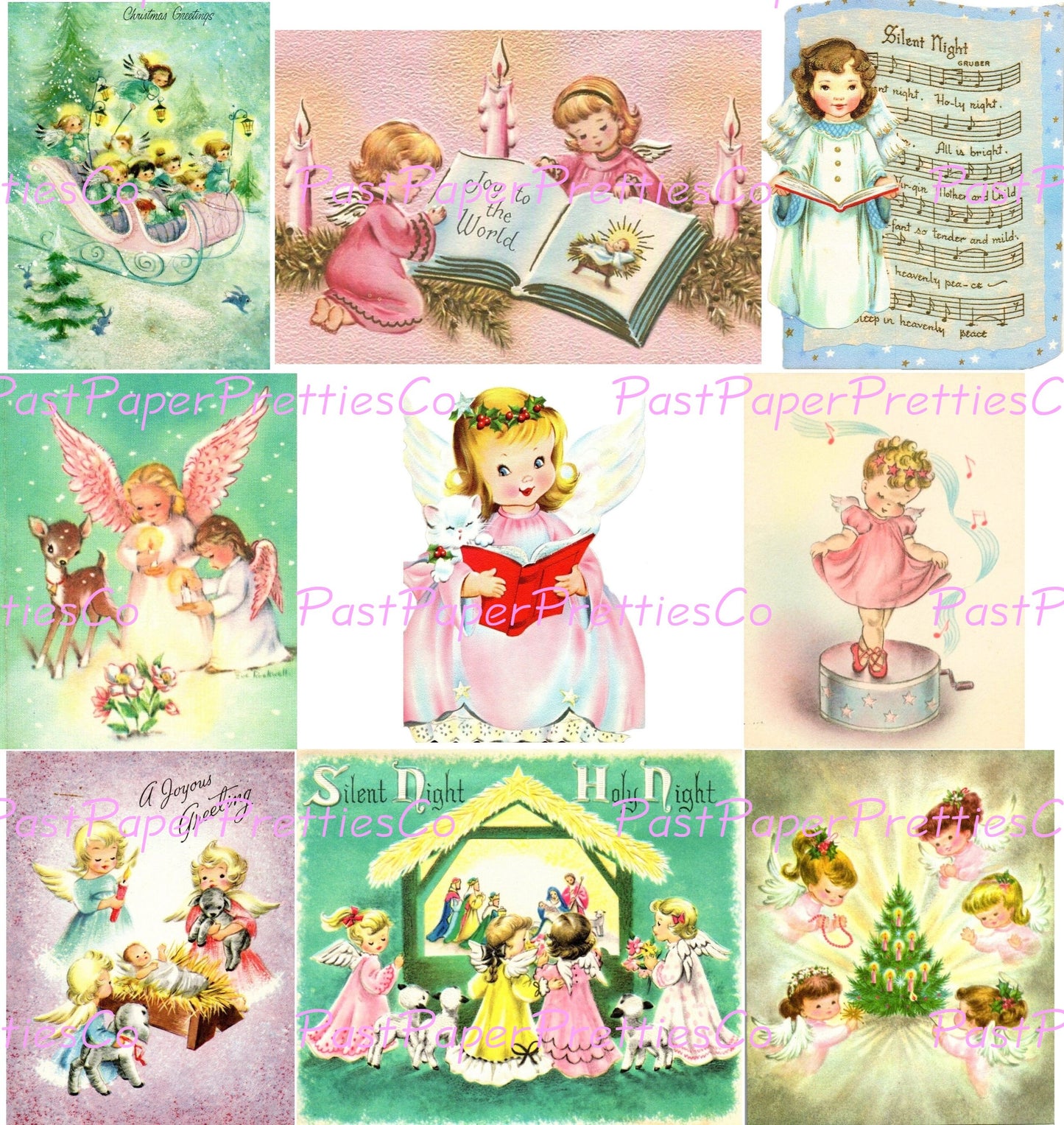 Vintage Printable Christmas Angels Collage Sheets Cute Pink Blue Pastels Holiday Card Images PDF Instant Digital Download Clip Art 2 Sizes