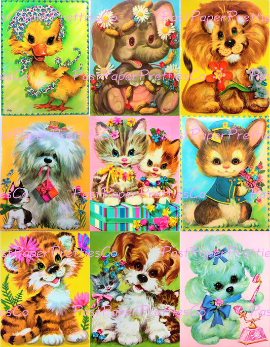 Vintage Printable Greeting Cards Retro 70s Big Eyed Animals Collage & Single Images PDF Instant Digital Download Cute Kitsch Zoo Pets