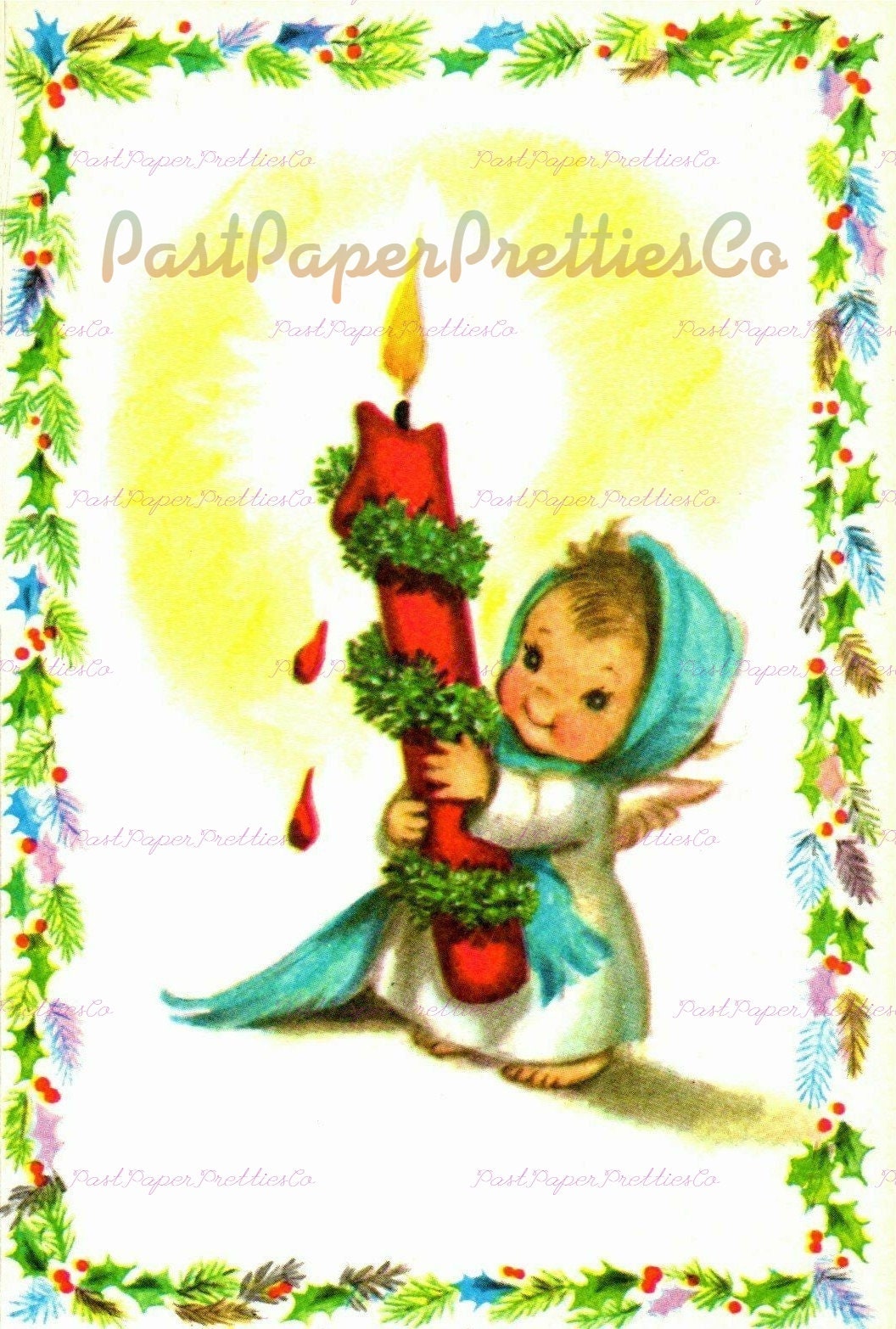 Vintage Printable Holly Framed Christmas Angel Kids Cards Images PDF Instant Digital Download Cute Kawaii Heavenly Cherubs