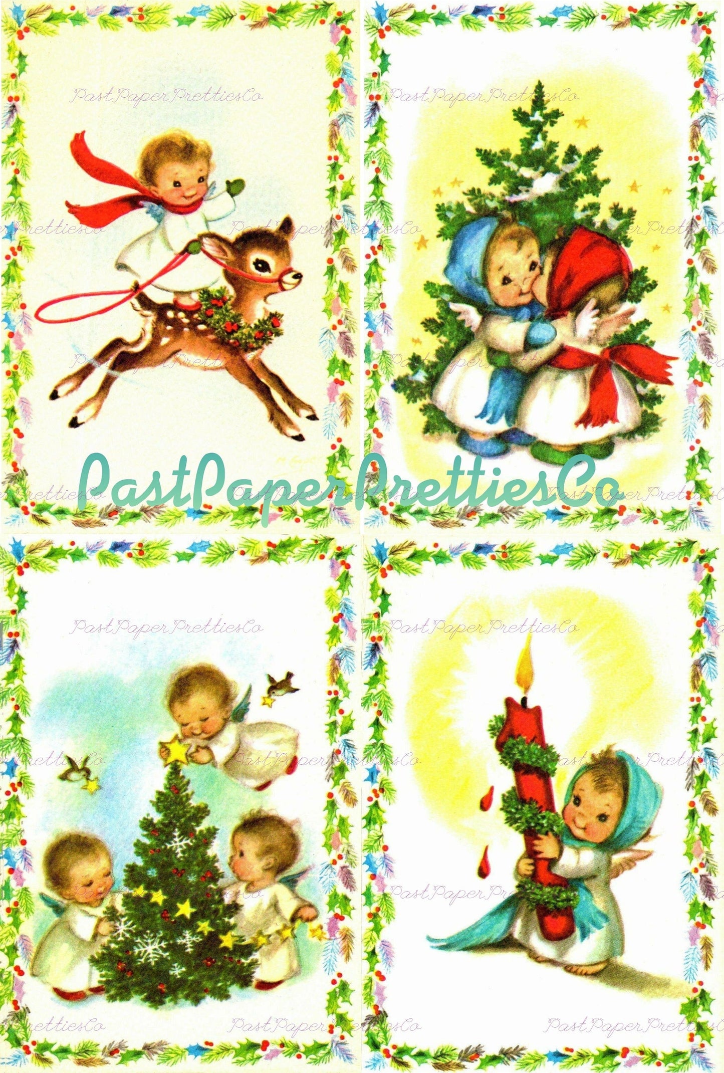 Vintage Printable Holly Framed Christmas Angel Kids Cards Images PDF Instant Digital Download Cute Kawaii Heavenly Cherubs