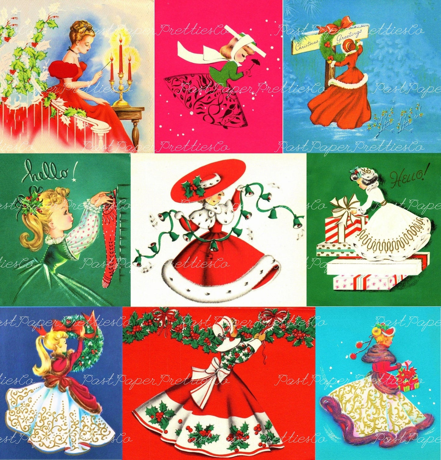 Vintage Printable Christmas Ladies Side Profiles Collage Sheets & 20 Single Card Images PDF Instant Digital Download Cute Holiday Girls