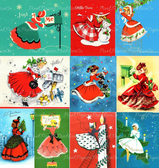 Vintage Printable Christmas Ladies Side Profiles Collage Sheets & 20 Single Card Images PDF Instant Digital Download Cute Holiday Girls