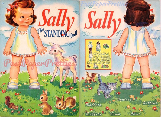 Vintage Paper Dolls Sally The Standing Doll c. 1940s Back & Front Outfits Printable PDF Instant Digital Download Cute Kitsch Little Girl