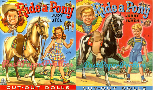 Vintage Paper Dolls Ride A Pony c. 1944 Printable PDF Instant Digital Download Cute Little Cowgirl Cowboy Western Dolls and Horses Clip Art