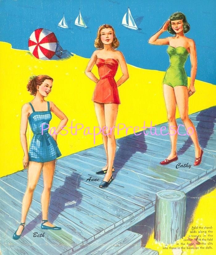 Vintage Paper Dolls Style Show 1948 Printable PDF Instant Digital Download 3 Pretty Stylish Fashion Gals Beach Beauties 1940s Clip Art