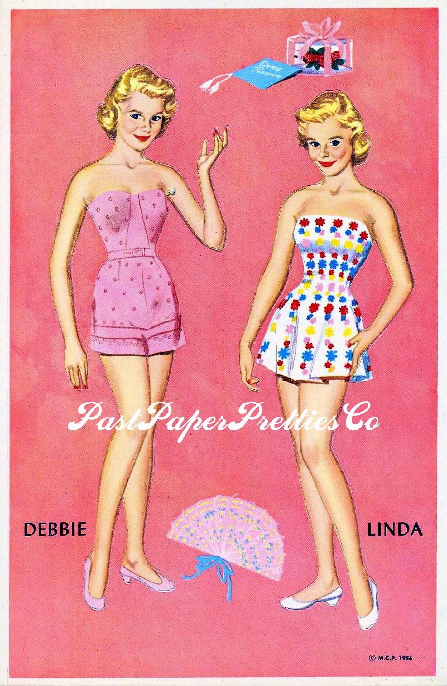 Vintage Paper Dolls Pink Prom Twins Girls 1956 Printable PDF Instant Digital Download 8 Sweetheart Teen Teenager Dolls School Dance Clip Art