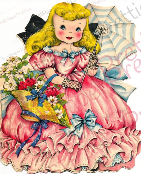 Vintage Pretty Parasol Girl Printable Greeting Card Image c. 1940s Instant Digital Download Cute Kitsch Southern Belle Clip Art