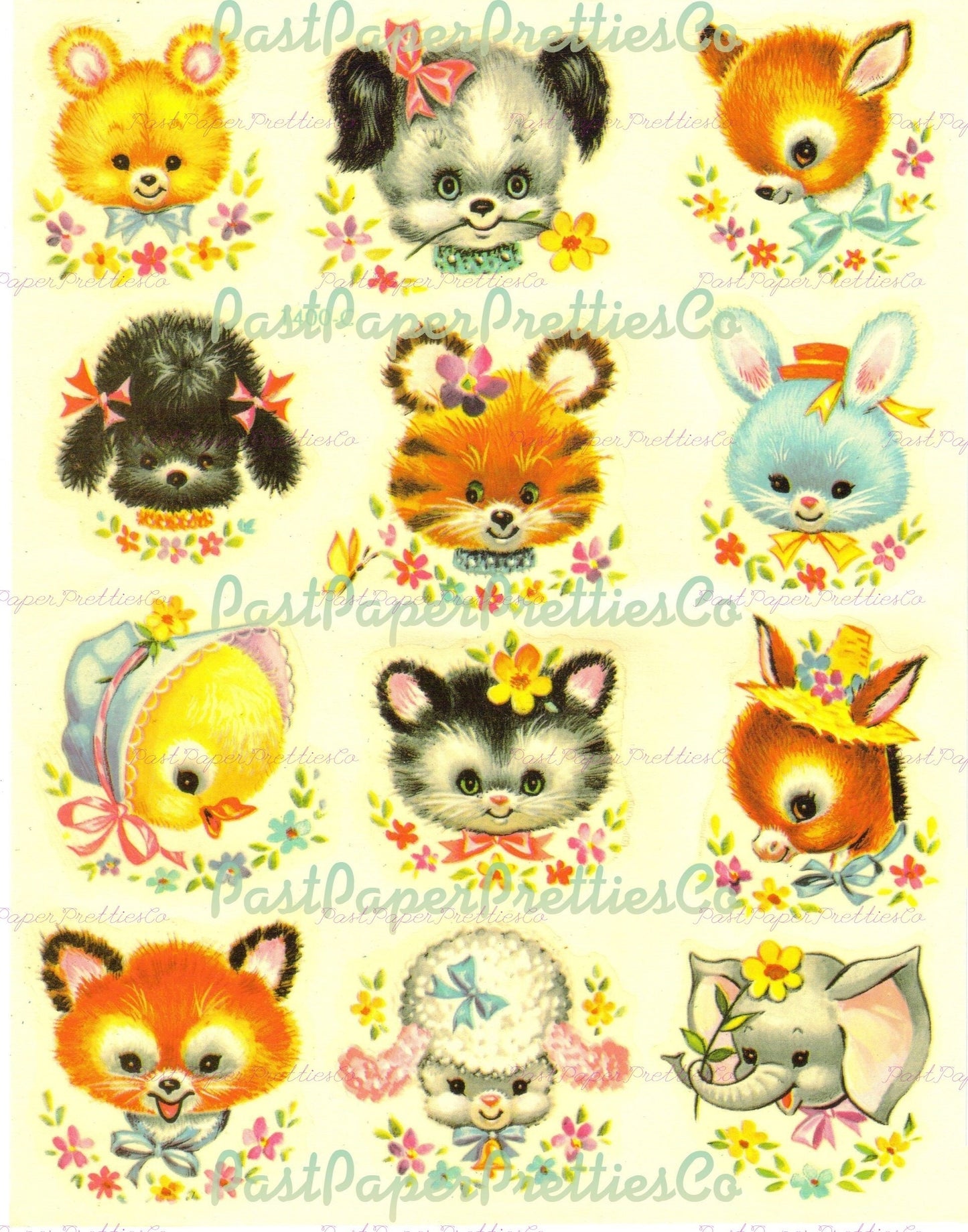 Vintage Nursery Baby Animal Faces Printable Decals Images Collage Sheet PDF Instant Digital Download Retro 1960s 1970s Design