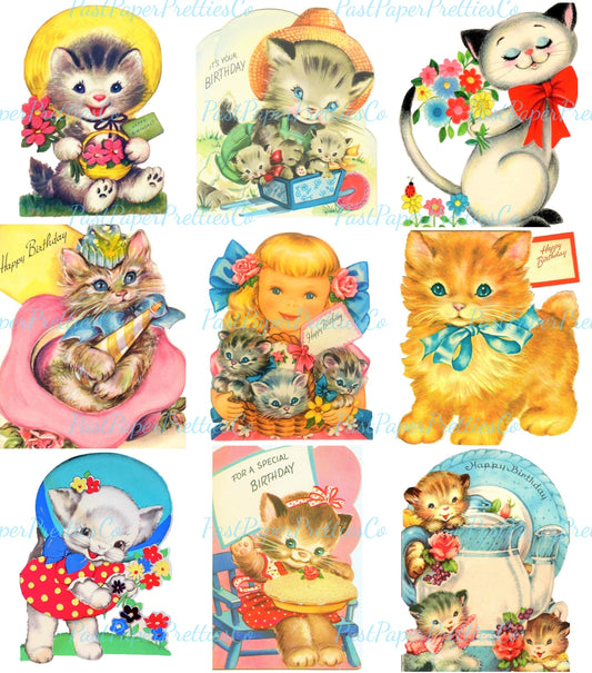 Vintage Printable Kitty Cat Happy Birthday Collage Sheets Fussy Die Cuts Retro Greeting Cards 36 Images PDF Instant Digital Download