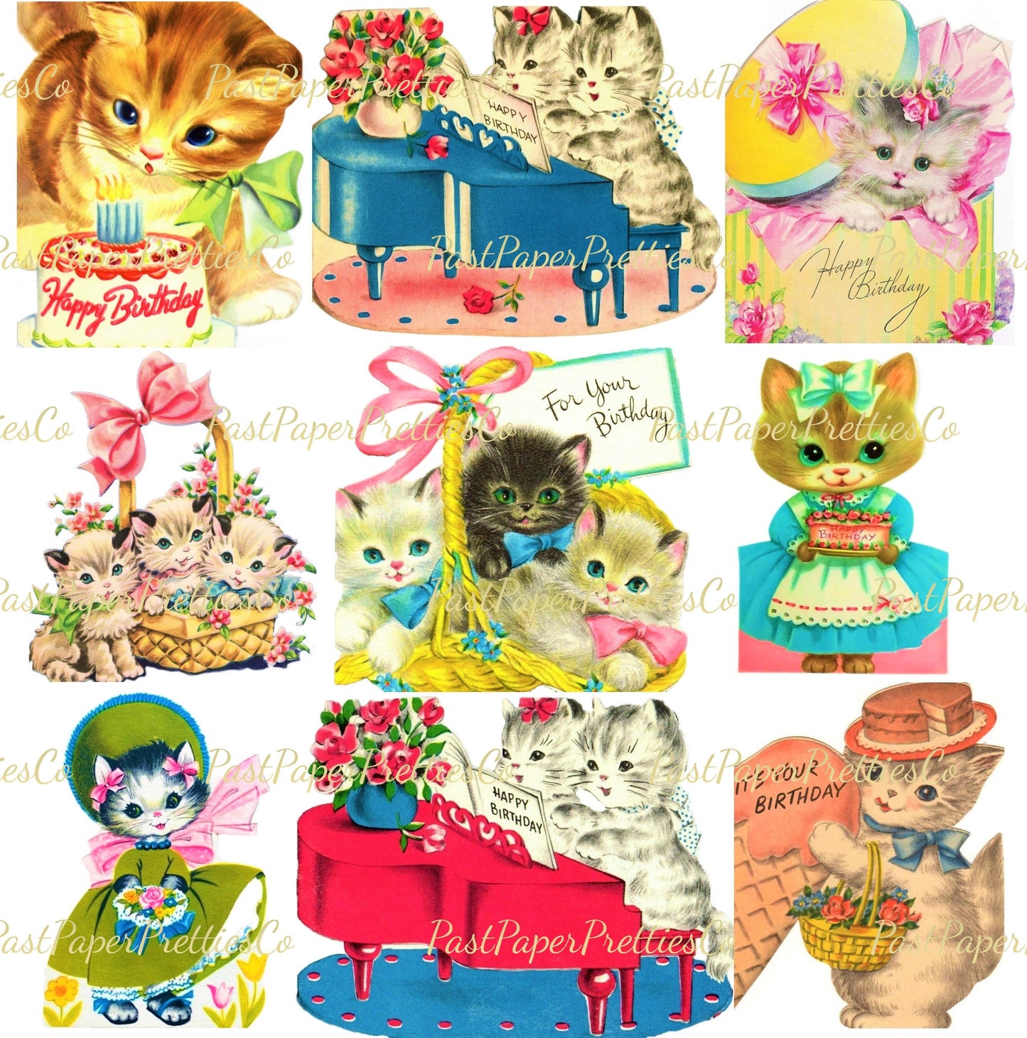 Vintage Printable Kitty Cat Happy Birthday Collage Sheets Fussy Die Cuts Retro Greeting Cards 36 Images PDF Instant Digital Download