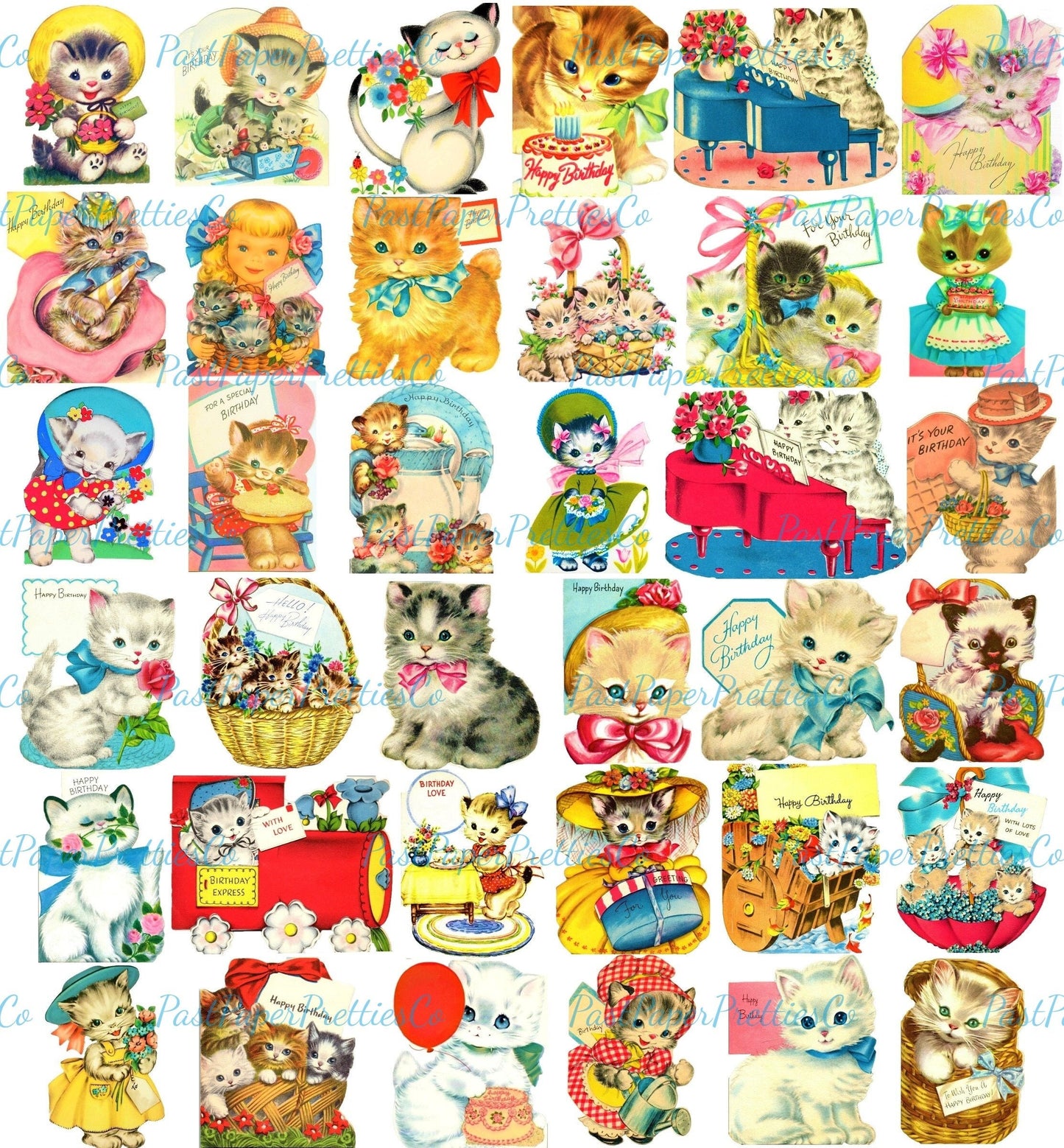 Vintage Printable Kitty Cat Happy Birthday Collage Sheets Fussy Die Cuts Retro Greeting Cards 36 Images PDF Instant Digital Download