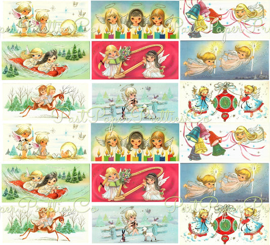 Vintage Printable Big Eyed Christmas Angels Collage Sheets Holiday Card Images PDF Instant Digital Download Cute Heavenly Girls Clip Art