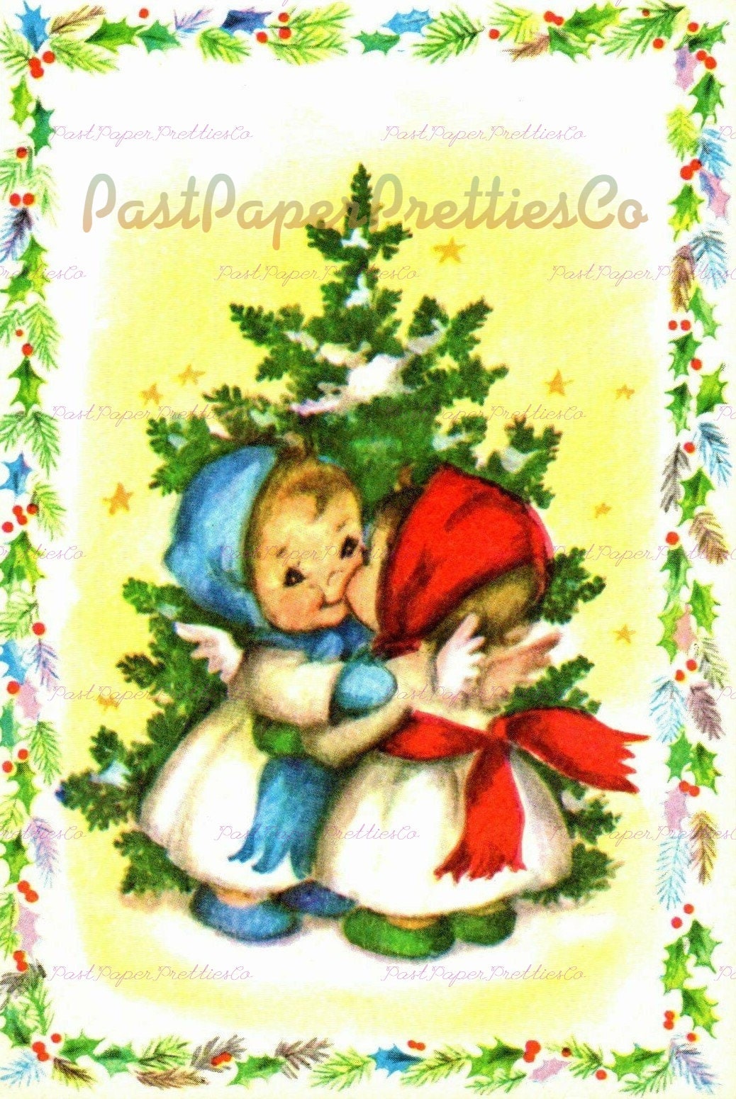 Vintage Printable Holly Framed Christmas Angel Kids Cards Images PDF Instant Digital Download Cute Kawaii Heavenly Cherubs