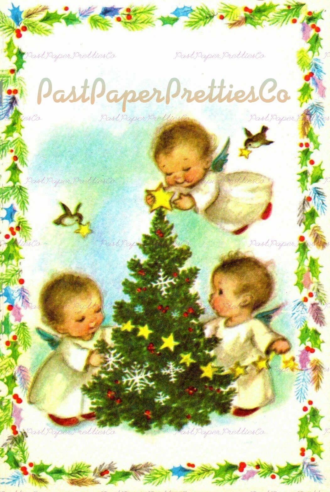 Vintage Printable Holly Framed Christmas Angel Kids Cards Images PDF Instant Digital Download Cute Kawaii Heavenly Cherubs