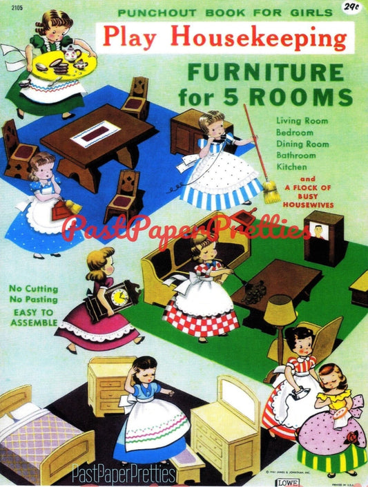 Vintage Printable Doll House Furniture Paper Dolls Lets Play Housekeeping Dollhouse Playset 1961 PDF Instant Digital Download