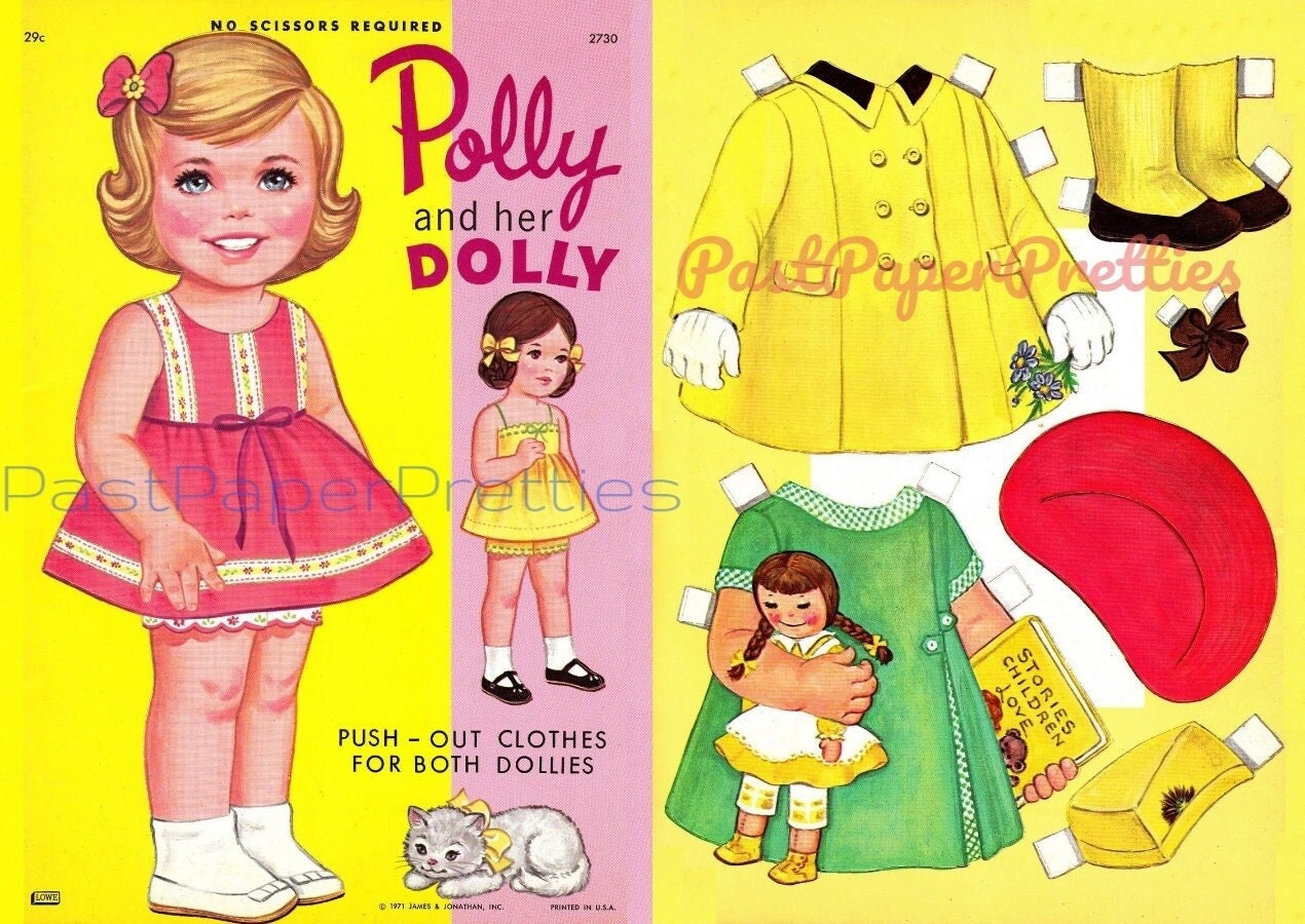 Vintage Paper Dolls Polly and Her Dolly 1971 Printable PDF Instant Digital Download Cute Little Girl and Her Doll Pretty Clothes Clip Art