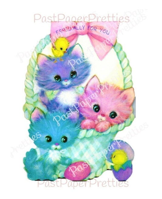 Vintage Printable Easter Pastel Easter Kittens in A Basket and Chicks Card Image Instant Digital Download Cute Kitsch Kitty Cats 300 dpi