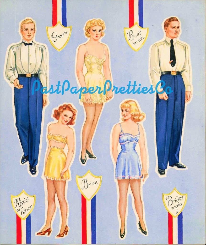 Vintage Paper Dolls Army and Navy Wedding Party c. 1943 WWII Military Romance Printable PDF Instant Digital Download Wartime Bride Groom