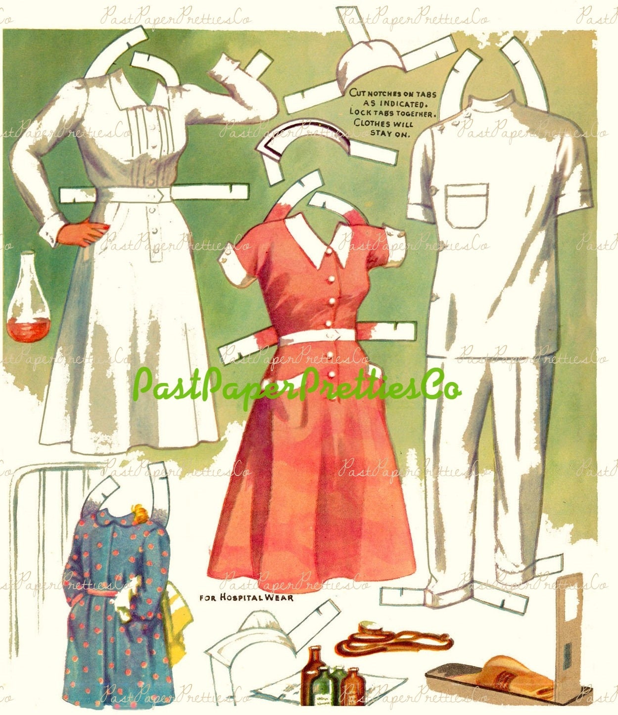 Vintage Paper Dolls Doctor and Nurse c. 1940's PDF Printable Instant Digital Download Retro Hospital Clip Art