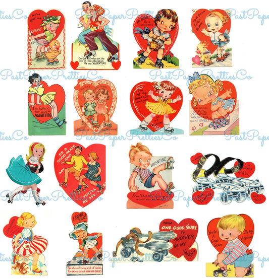 Vintage Printable Valentines Day Cards Rollerskating Girls and Boys All Roller Skate Themed Collage Sheets PDF Instant Digital Download