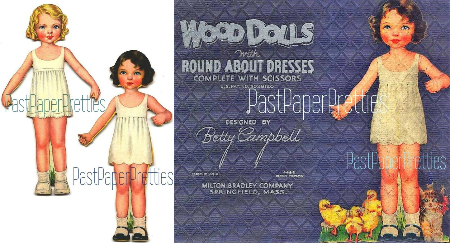 Vintage Antique Paper Dolls Wood Dolls with Round About Dresses 1930 Printable PDF Instant Digital Download Cute Little Girls Clipart