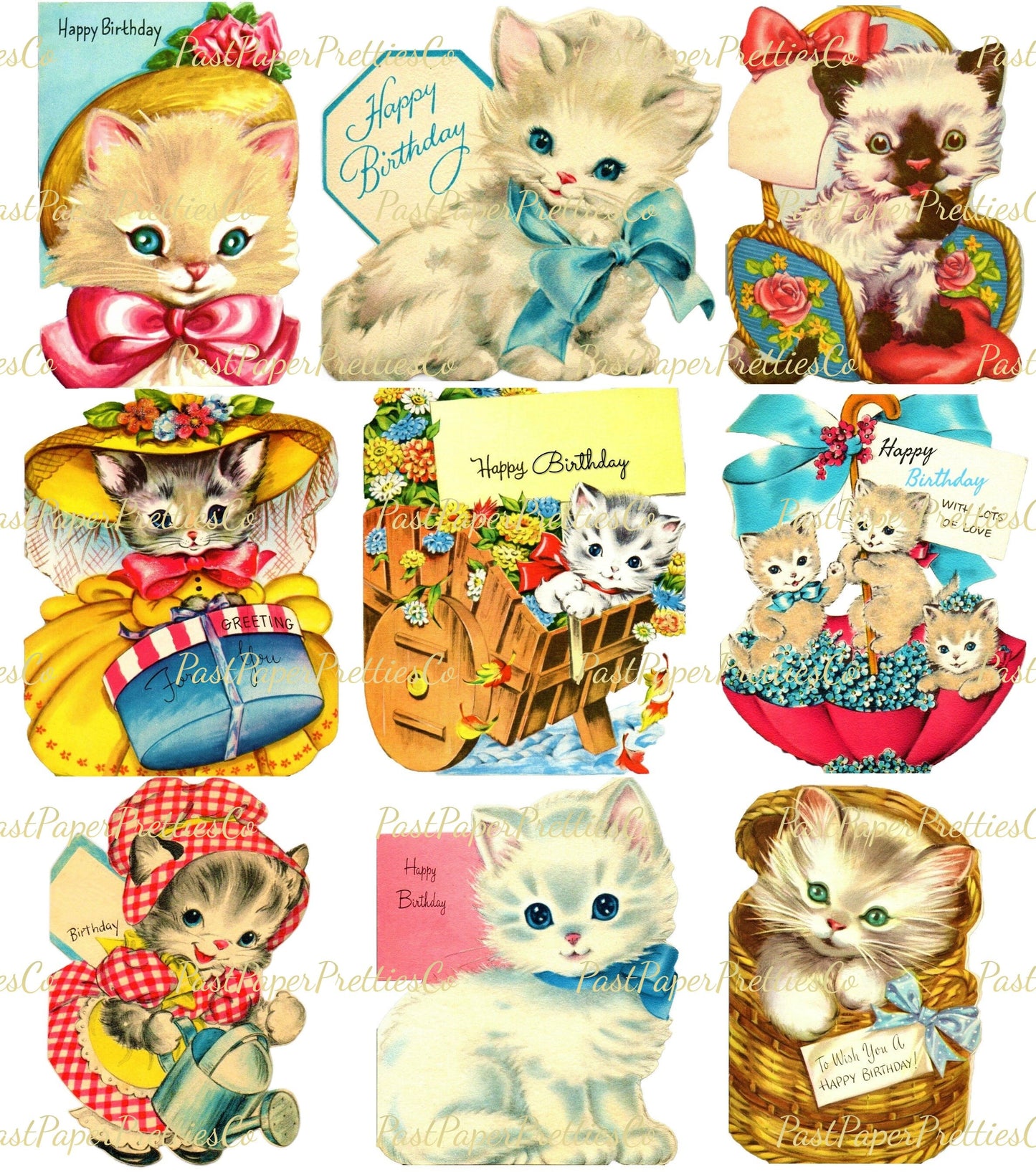 Vintage Printable Kitty Cat Happy Birthday Collage Sheets Fussy Die Cuts Retro Greeting Cards 36 Images PDF Instant Digital Download