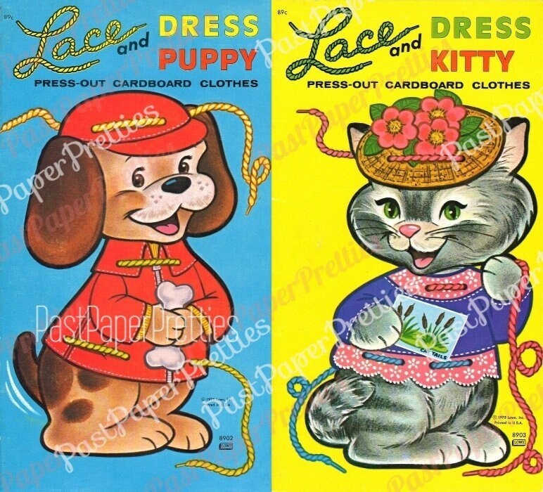 Vintage Paper Dolls Lace and Dress Puppy and Kitty Kitsch Cat Dog & Clothes Printable PDF Instant Digital Download 1975 Kitten Pup Clip Art