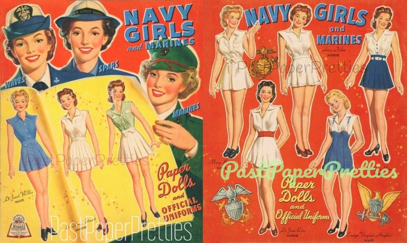 Vintage Paper Dolls Navy Girls and Marines 1943 Printable PDF Instant Digital Download 8 WWII Gals Wartime Era Ladies Clip Art