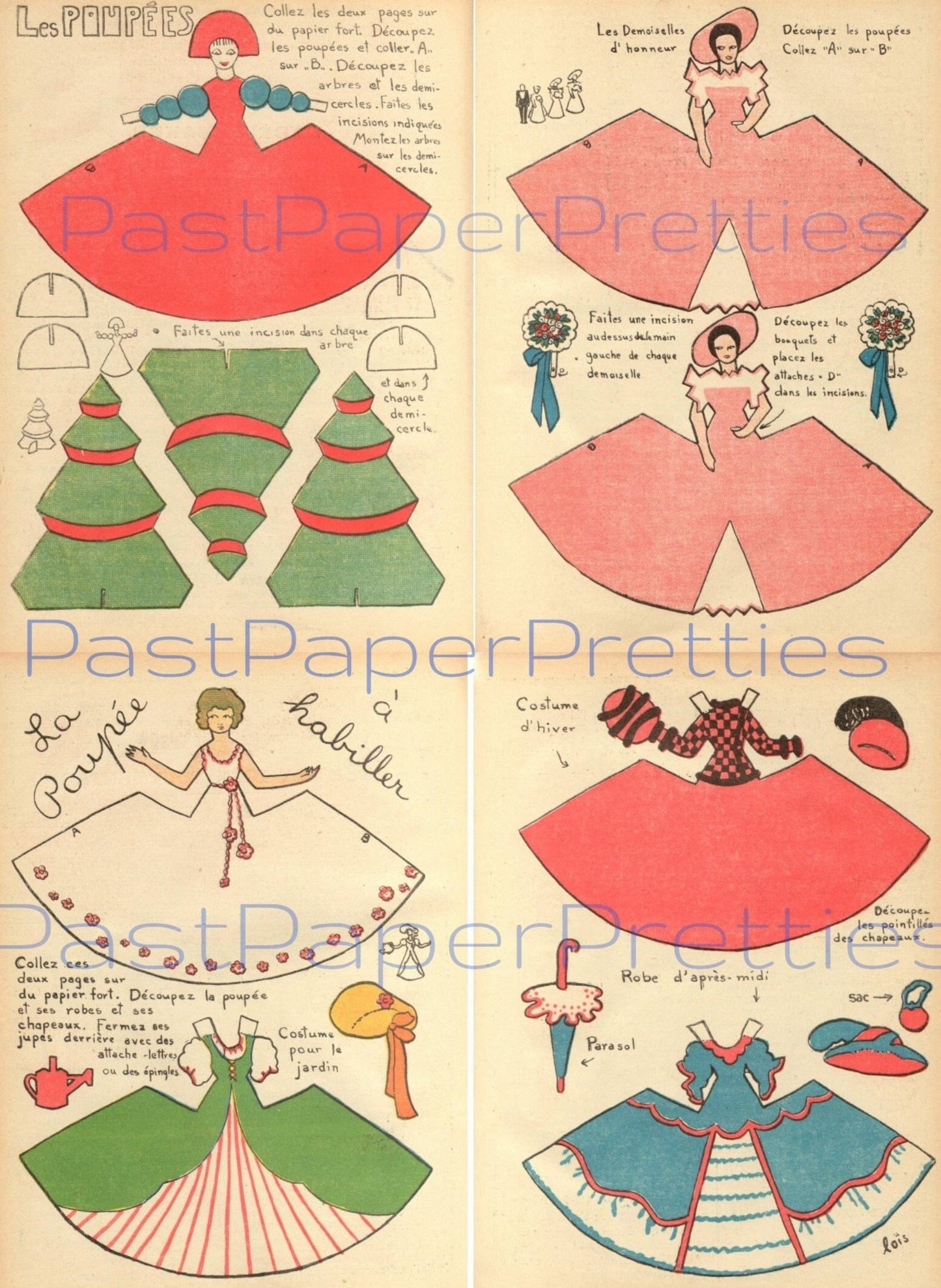 Vintage Printable French Paper Dolls Cute Stand Up 3-D Maidens PDF Instant Digital Download Gardener Bridesmaid Christmas Cone Dresses