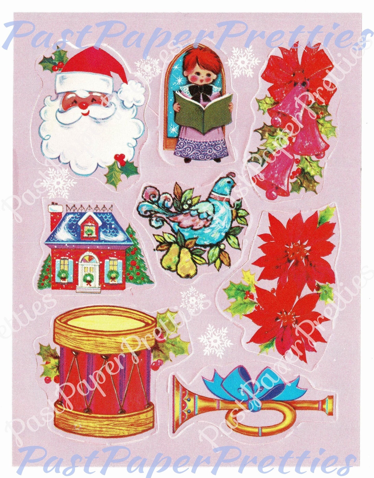 Vintage Printable Pink Christmas Gift Seals Stickers Cut Outs Collage Mid Century Kitsch PDF Instant Digital Download Kitschmas Clip Art 1