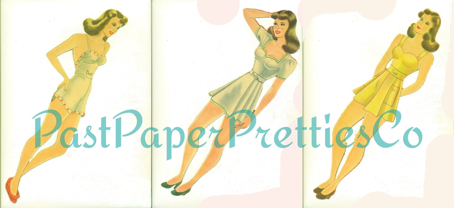 Vintage Paper Dolls Three Sisters c. 1942 PDF Printable Instant Digital Download Pretty Glamour Girls Siblings Clip Art