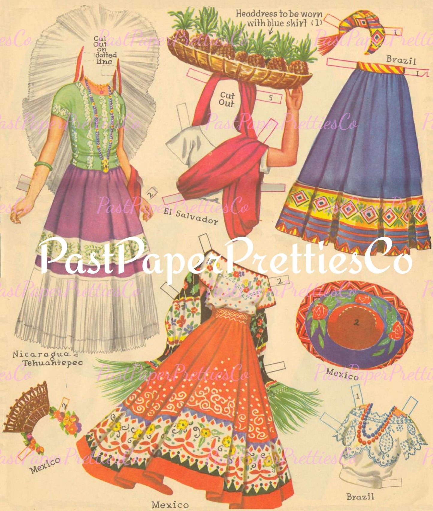 Vintage Fiesta Paper Dolls 1965 Printable PDF Instant Digital Download 6 Spanish Festival South American Party Clip Art