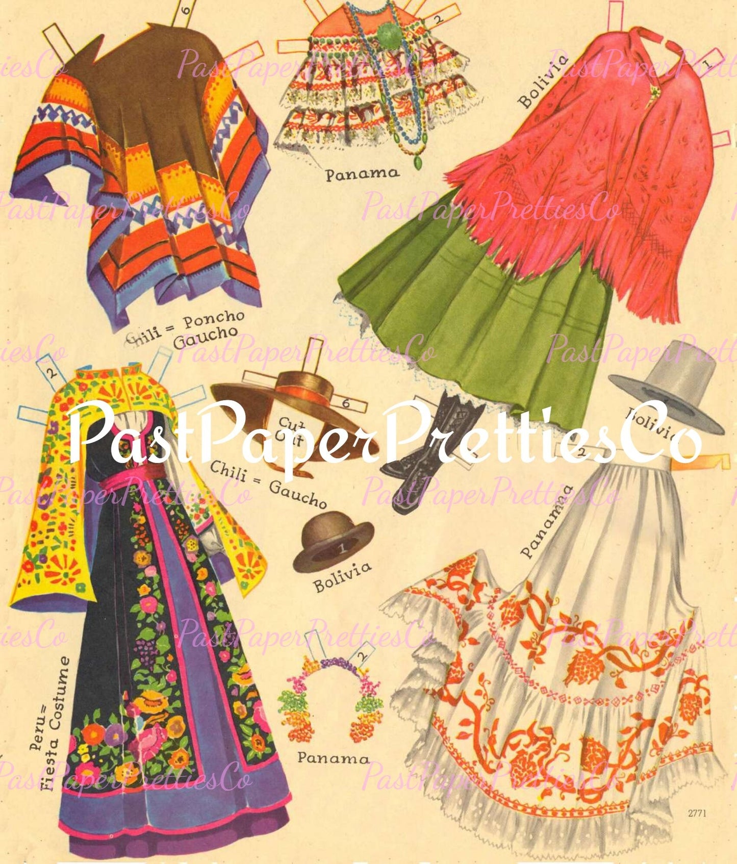 Vintage Fiesta Paper Dolls 1965 Printable PDF Instant Digital Download 6 Spanish Festival South American Party Clip Art