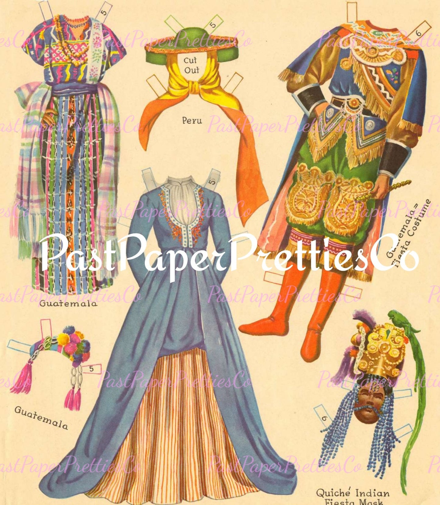 Vintage Fiesta Paper Dolls 1965 Printable PDF Instant Digital Download 6 Spanish Festival South American Party Clip Art