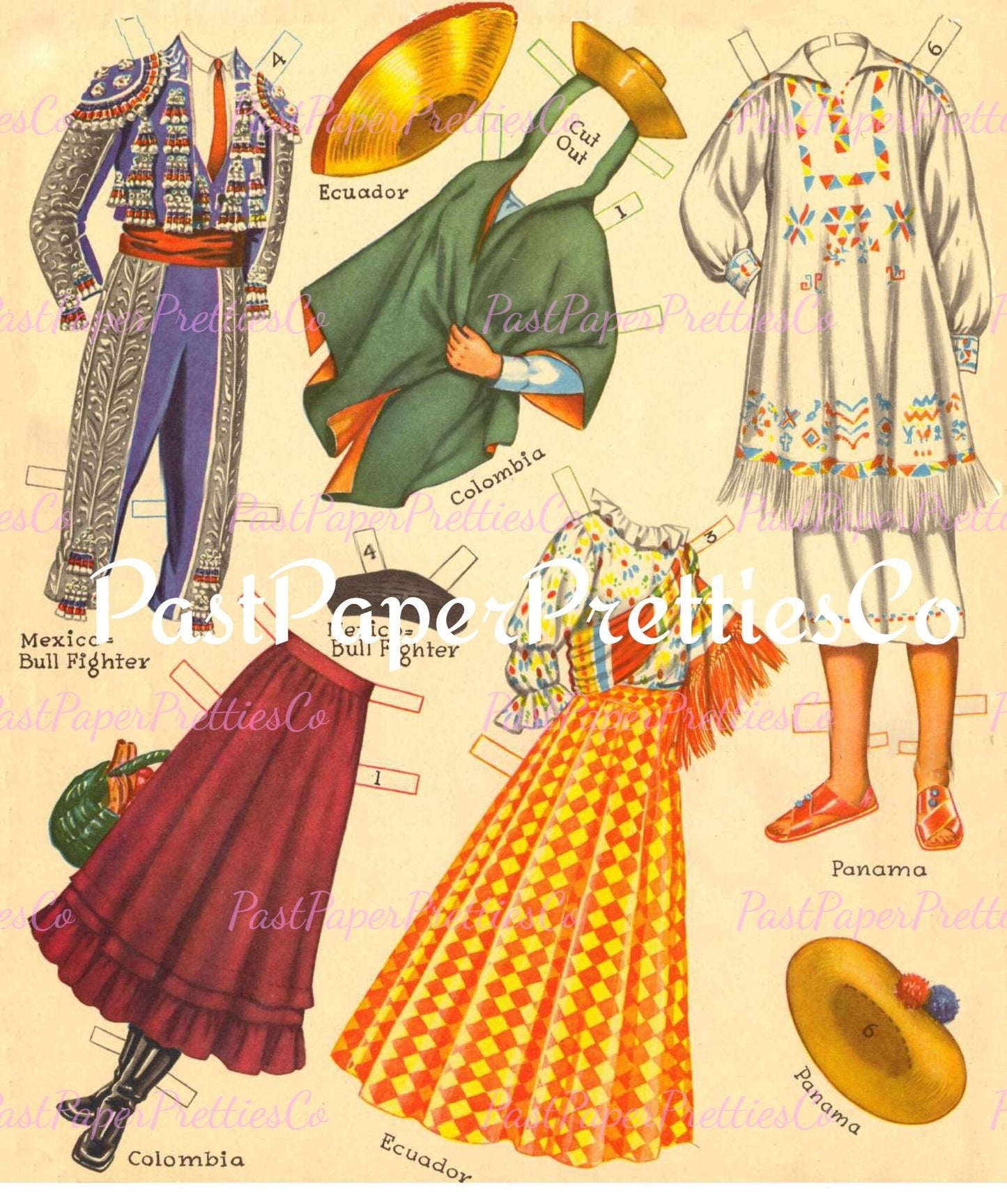 Vintage Fiesta Paper Dolls 1965 Printable PDF Instant Digital Download 6 Spanish Festival South American Party Clip Art