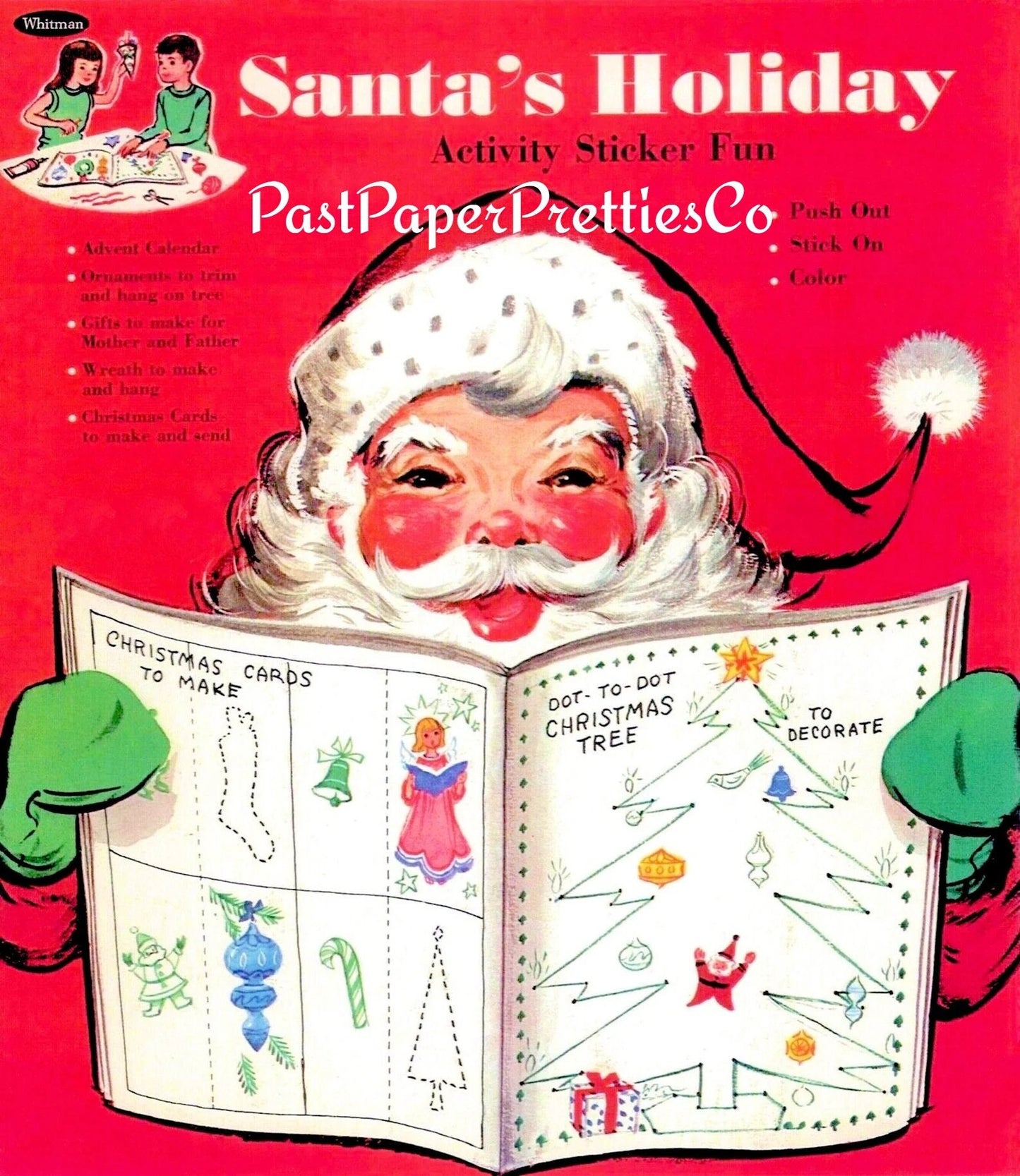 Vintage Christmas Printable Santas Holiday Activity Sticker Fun Book c. 1965 PDF Instant Digital Download Retro Games Cards Ornaments Crafts