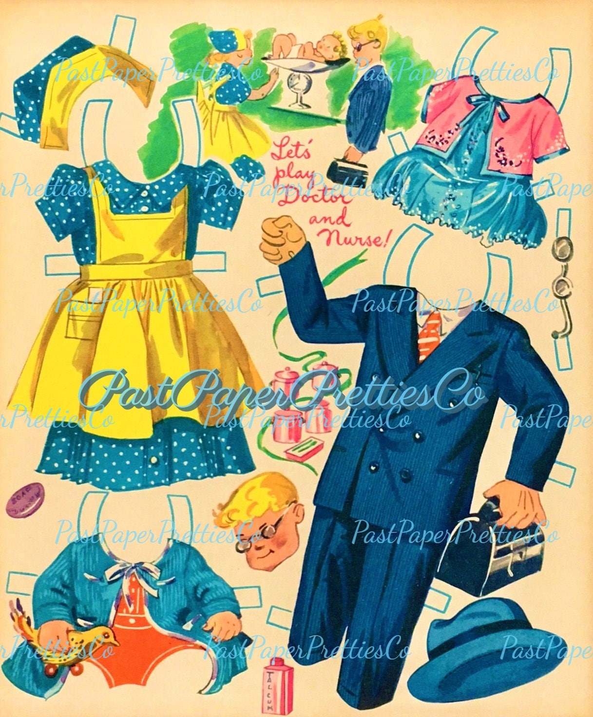 Vintage Printable Paper Dolls Lets Play With The Baby 1948 Cute Brother Sister Siblings PDF Instant Digital Download Mid Century Babies Kids