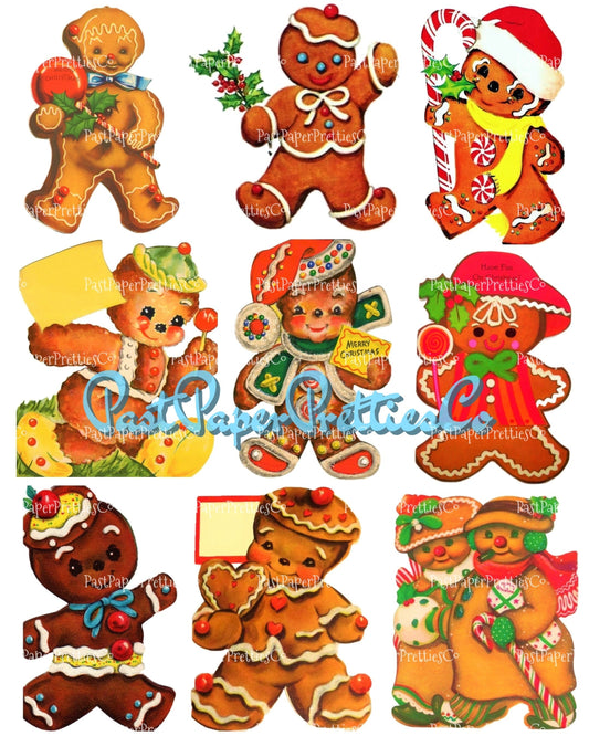 18 Vintage Printable Retro Gingerbread Man Cookie Christmas Card Images 3 Sizes PDF Instant Digital Download Cute Merry Kitschmas Clipart