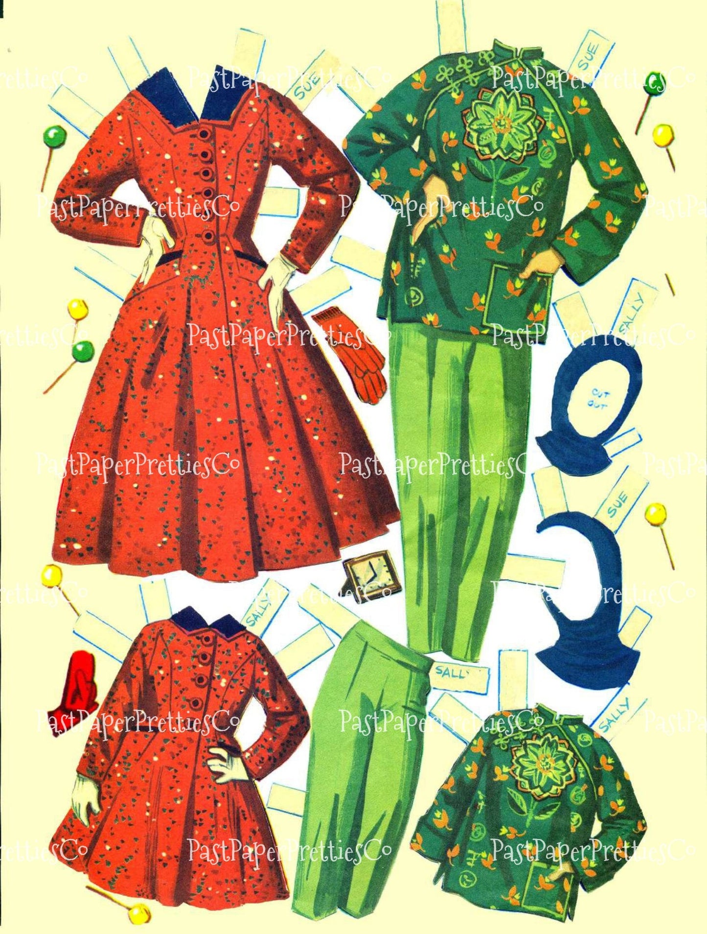 Vintage Paper Dolls 6 and Sweet 16 c. 1955 Printable PDF Instant Digital Download 6 Pretty Big and Little Sister Dress-Alike Dolls Clip Art