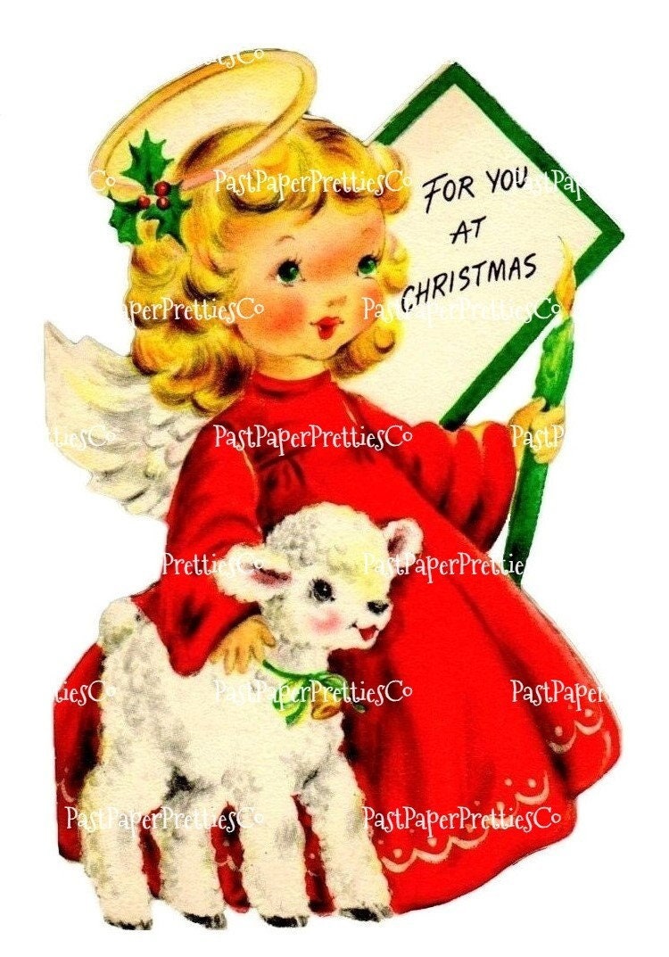 Vintage Printable Little Christmas Angel and Lamb Card Image c. 1940s PDF Instant Digital Download JPEG PNG 300 dpi